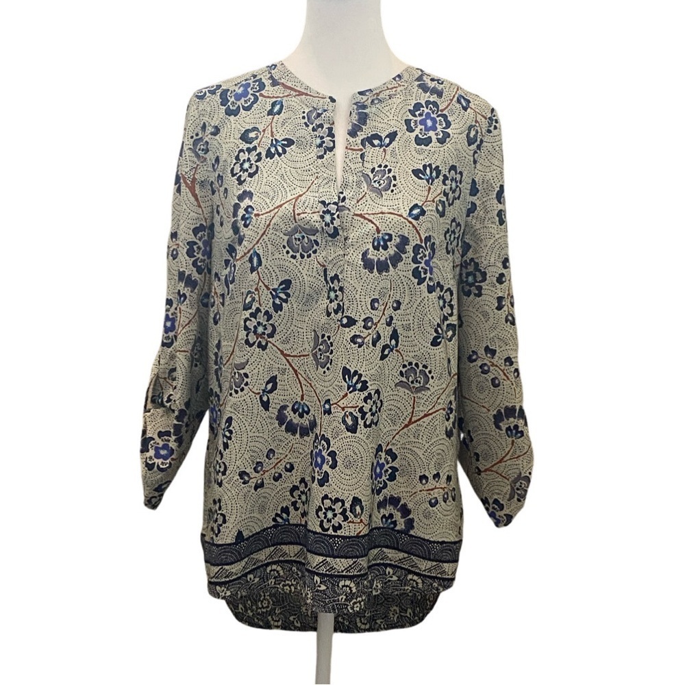 Daniel Rainn Tan & Blue Floral Women's Blouse. Size S. 3/4 Roll Tab Sleeves.